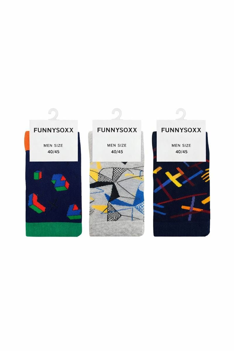 FUNNYSOXX Erkek Soket Çorap 3’lü Set – Özel Kutulu, %80 Pamuk, Geometrik Desenli (40/45) - funnysoxx
