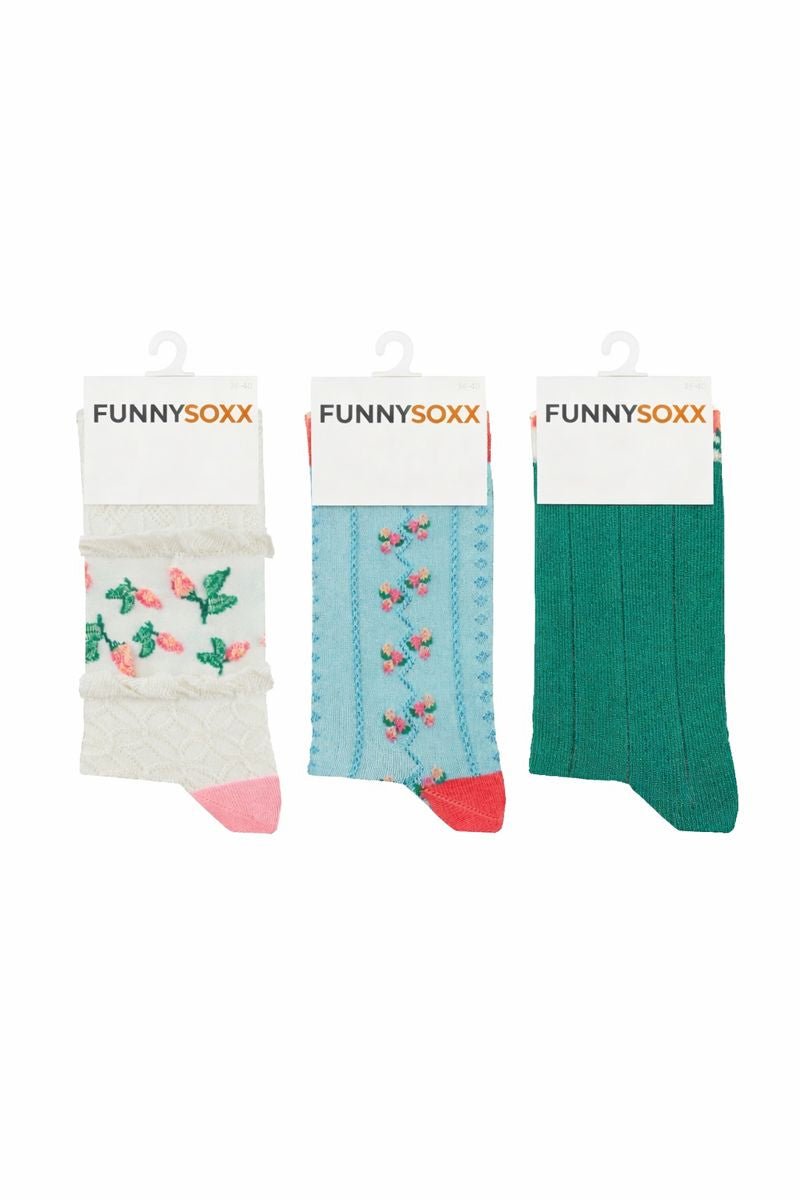 UNNYSOXX Kadın Soket Çorap 3’lü Özel Kutulu Set – Tomurcuk Desenli, Pamuklu - funnysoxx