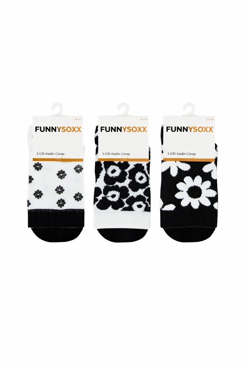 FUNNYSOXX Çiçek Desenli Kadın Soket Çorap 3’lü Özel Kutu Set – Pamuklu & Elastik - funnysoxx