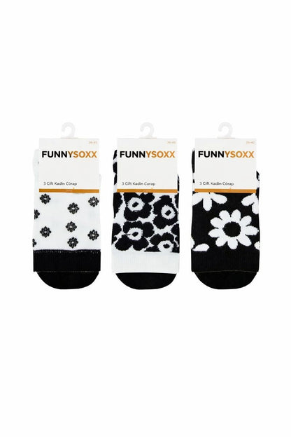 FUNNYSOXX Çiçek Desenli Kadın Soket Çorap 3’lü Özel Kutu Set – Pamuklu & Elastik - funnysoxx