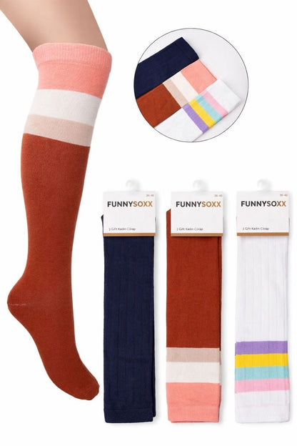FUNNYSOXX Kadın Dizaltı Uzun Çorap 3’lü Set – Pamuklu & Elastik Özel Kutulu - funnysoxx