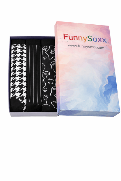 Toptan 6 Adet FUNNYSOXX Siyah Beyaz Desenli Kadın Diz altı Çorap Pamuklu Likralı Konforlu Çorap Seti - funnysoxx