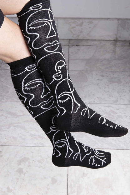 FUNNYSOXX Siyah Beyaz Desenli Kadın Dizaltı Çorap 3’lü Özel Kutu Set – Pamuklu & Elastik - funnysoxx