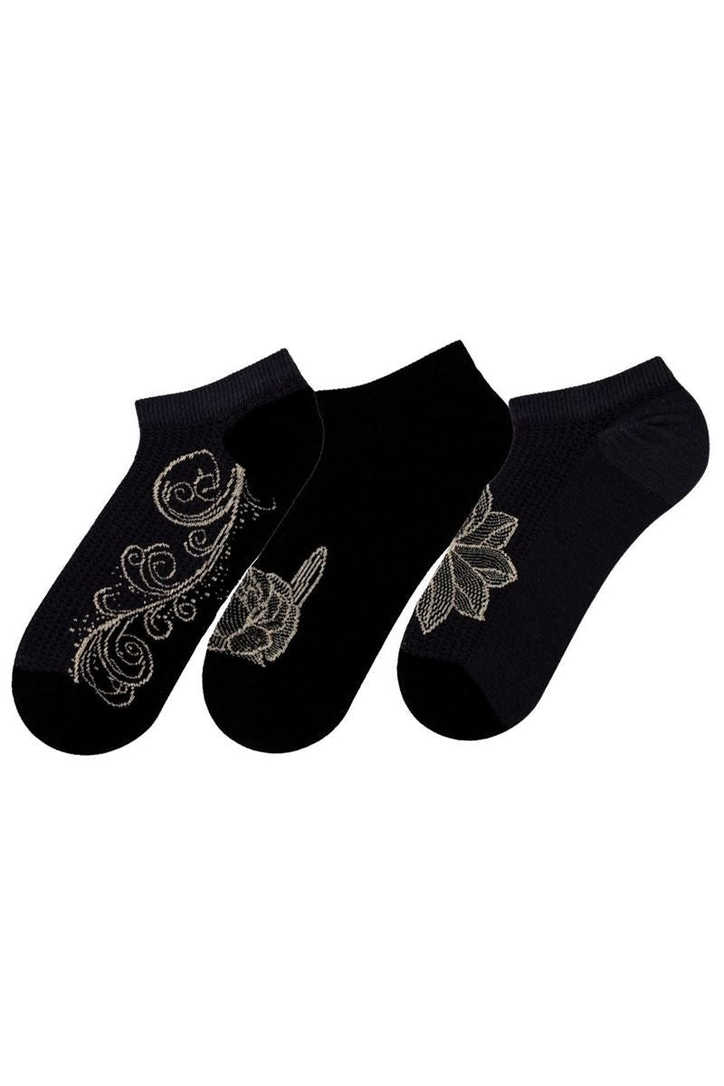 FUNNYSOXX Siyah Gold Kadın Sneaker Çorap – 3’lü Özel Kutulu Set | 4 Mevsim - funnysoxx