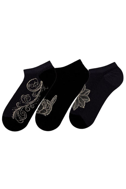 FUNNYSOXX Siyah Gold Kadın Sneaker Çorap – 3’lü Özel Kutulu Set | 4 Mevsim - funnysoxx