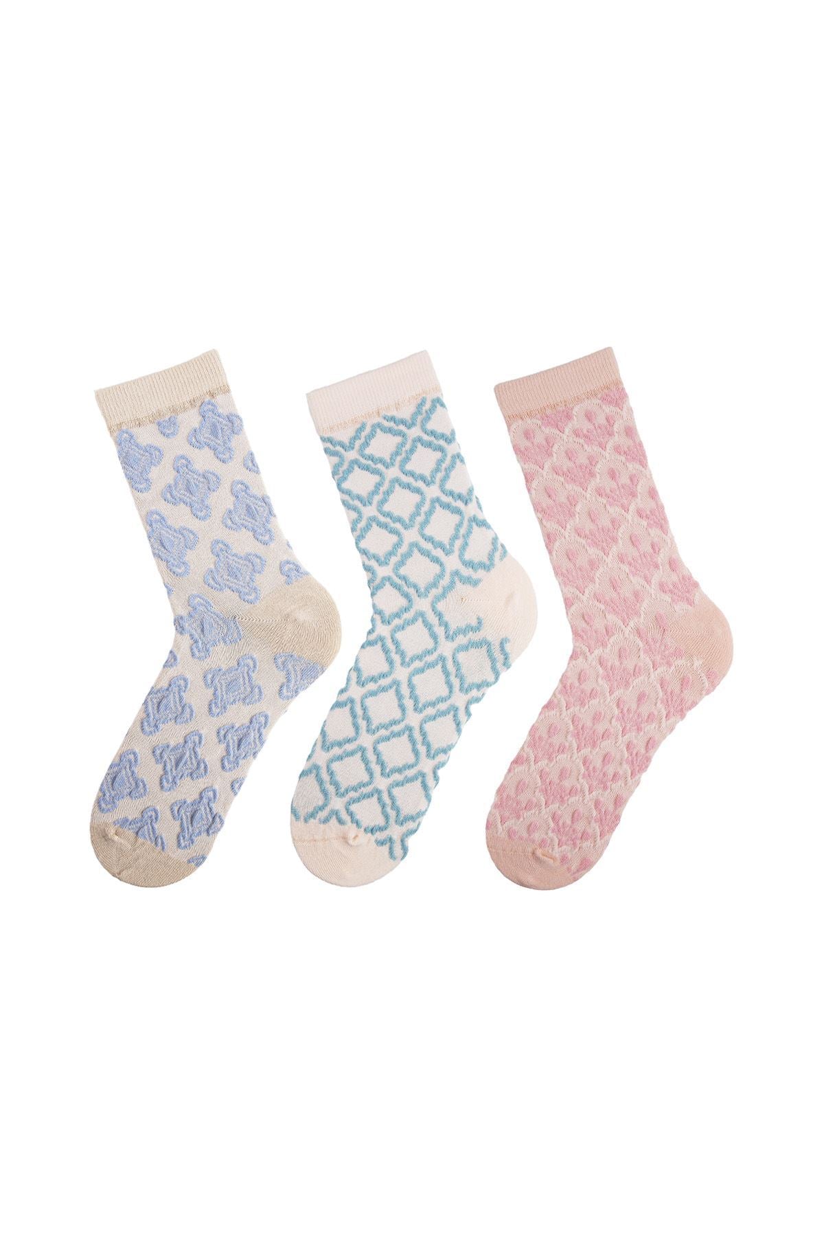 FUNNYSOXX Kadın Soket Çorap 3’lü Özel Kutulu Set – Kabartmalı Desenli, Pamuklu - funnysoxx