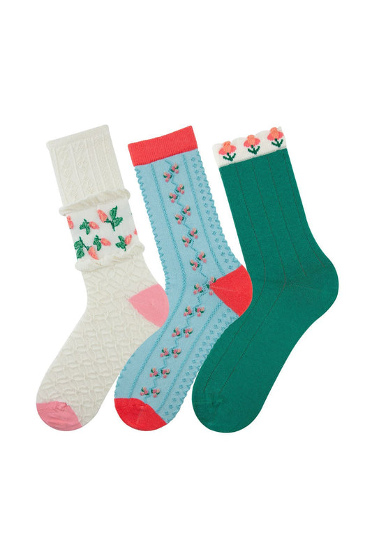 UNNYSOXX Kadın Soket Çorap 3’lü Özel Kutulu Set – Tomurcuk Desenli, Pamuklu - funnysoxx