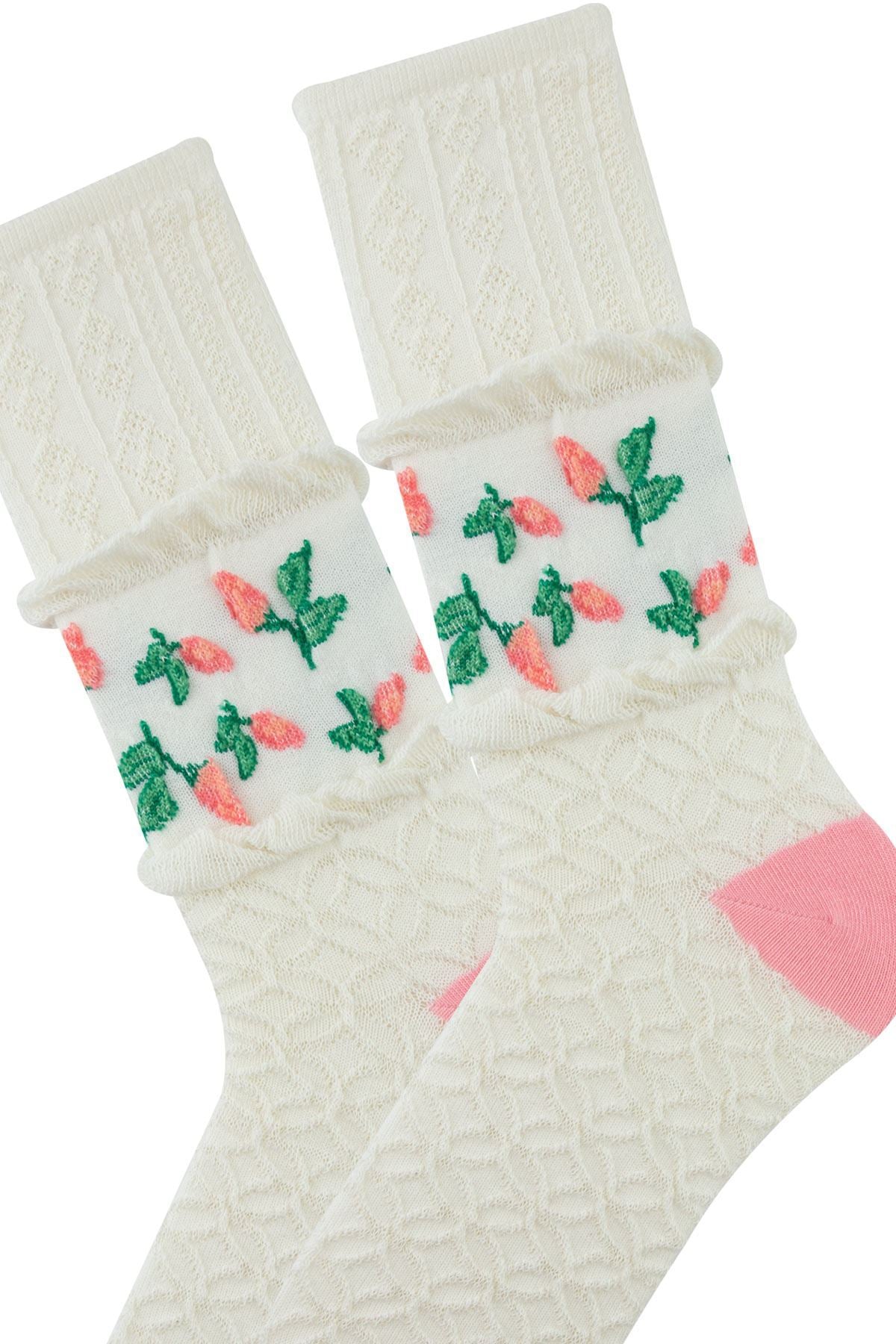 UNNYSOXX Kadın Soket Çorap 3’lü Özel Kutulu Set – Tomurcuk Desenli, Pamuklu - funnysoxx