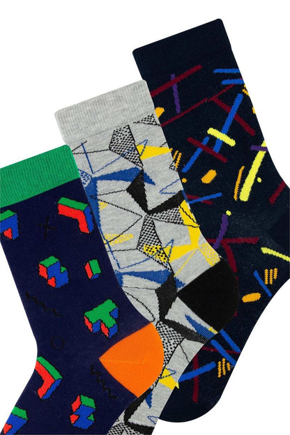 FUNNYSOXX Erkek Soket Çorap 3’lü Set – Özel Kutulu, %80 Pamuk, Geometrik Desenli (40/45) - funnysoxx